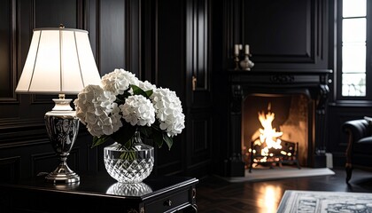 white hydrangeas, ambient, glass vase, flower arrangement, interior design, traditional decor, window, elegant, lamp, light, black walls, house, home, interiors, lighting