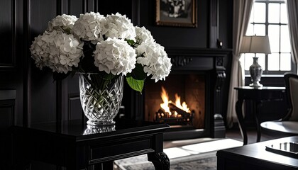 white hydrangeas, ambient, glass vase, flower arrangement, interior design, traditional decor, window, elegant, lamp, light, black walls, house, home, interiors, lighting