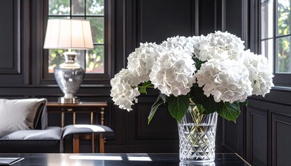 white hydrangeas, ambient, glass vase, flower arrangement, interior design, traditional decor, window, elegant, lamp, light, black walls, house, home, interiors, lighting