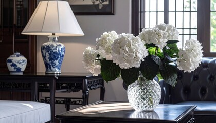white hydrangeas, ambient, glass vase, flower arrangement, interior design, traditional decor, window, elegant, lamp, light, black walls, house, home, interiors, lighting