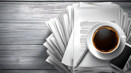A white coffee cup sits on top of a stack of papers