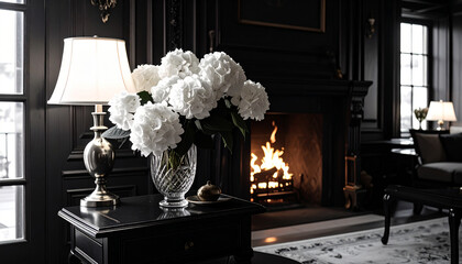 white hydrangeas, ambient, glass vase, flower arrangement, interior design, traditional decor, window, elegant, lamp, light, black walls, house, home, interiors, lighting