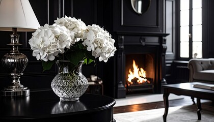white hydrangeas, ambient, glass vase, flower arrangement, interior design, traditional decor, window, elegant, lamp, light, black walls, house, home, interiors, lighting