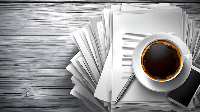A white coffee cup sits on top of a stack of papers