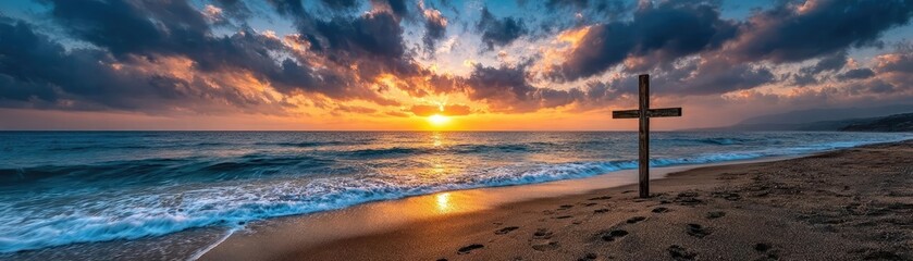Fototapeta premium Cross on beach with footprints at sunset concept. A serene sunset over the ocean with a cross on the beach.