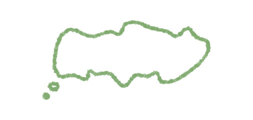 Green wavy talk bubble in crayon sketch draws a soft outline. Speech balloon with cloud and chat circle, perfect for message or thought template. Modern graphic symbol for conversation and
