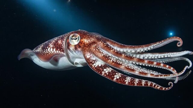 Marine life cuttlefish swimming underwater with intricate patterns and vibrant colors in deep ocean environment
