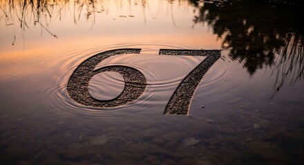 Number 67 Submerged in Water with Ripples at Dusk: Serene Nature, Reflection, and Abstract Water Texture