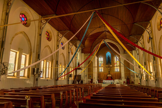 Interior of Basilica of the Immaculate Conception in Ouidah, Benin, important Christian shrine and touristic landmark in West Africa.
