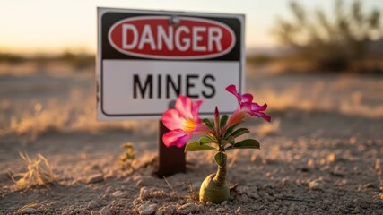 Desert rose plant growing next to a danger mines sign at sunset. Flowers and nature. Land mine area concept. Copy space.