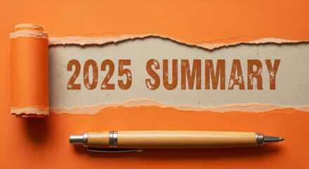 Q4 business year end review 2025 2026 new year summary with pen on torn orange paper inviting reflective planning and hopeful visual for corporate report