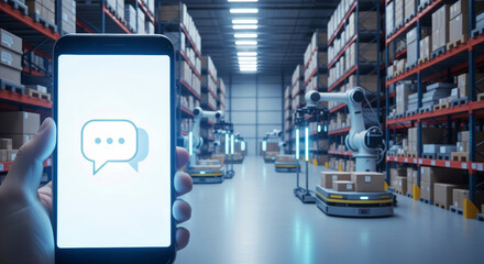 Smartphone chat icon ai generative customer support ecommerce warehouse robot automation logistics fulfillment inventory delivery shelves aisle