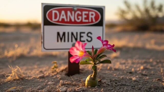 Desert rose plant growing next to a danger mines sign at sunset. Flowers and nature. Land mine area concept. Copy space.