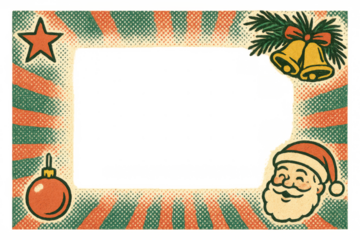 Christmas retro frame with santa claus, bells, and ornament, vintage holiday celebration border with transparent background