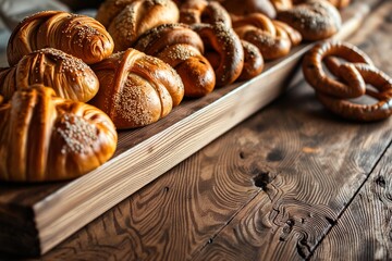 A rustic wooden shelf displays a tempting assortment of fresh breads  golden croissants, sesame-studded rolls, and twisted pretzels  evoking warmth and the aroma of a cozy bakery.