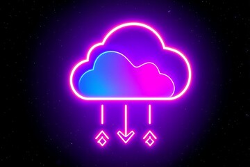 Neon cloud with glowing purple-to-blue gradient, emitting downward arrows against a starry night sky  symbolizing digital downloads or data streaming in cosmic style.