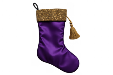 Purple christmas stocking with golden glitter cuff and tassel on transparent background, holiday celebration item