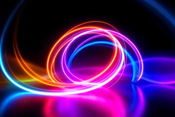 Vibrant neon light trails swirl in glowing hues of orange, pink, blue and purple against a dark backgroundcreating an energetic, futuristic abstract composition.