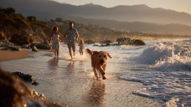 Golden retriever runs joyfully on the beach while family walks together at sunset - Powered by Adobe