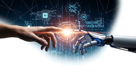 Connecting Futures Human and Robot Hands Symbolizing AI Collaboration in a Digital Network