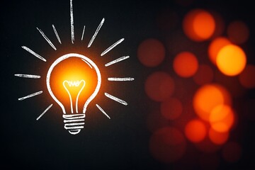 A glowing lightbulb drawn in chalk on a dark surface, surrounded by warm orange and red bokeh lights  symbolizing creativity, innovation, or an idea coming to life.