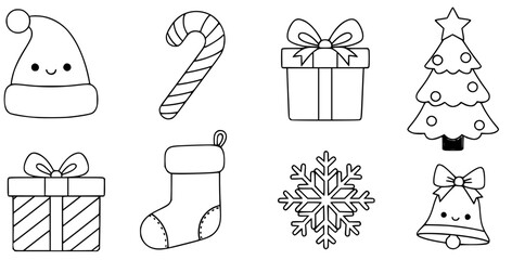 Charming collection of simple Christmas line art elements, including Santa hat, gifts, tree, and snowflake, perfect for holiday craft projects, coloring pages, and festive design concepts