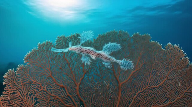 Ornate Ghost Pipefish near coral reef with ocean underwater marine life.