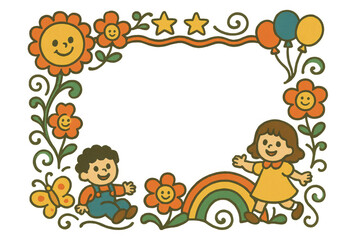 Fototapeta premium Children playing among flowers and rainbow, a happy cartoon frame with transparent background for kids party