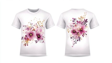 a t-shirt mockup with a whimsical hand-lettered design of inspiring quotes written in beautiful cursive script with splashes of watercolor florals in pink, purple, and gold, on a white background