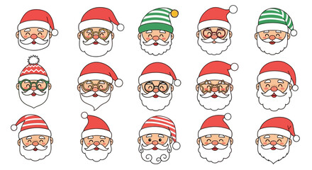 A Festive Collection of Santa Claus Faces with Various Hats and Styles for Holiday Greetings and Decorations