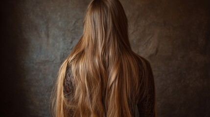 Naklejka premium Long brown hair flowing down a person's back against a textured background in a muted light setting