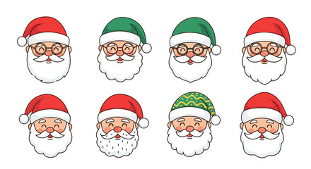 A festive collection of cute cartoon Santa Claus head icons, showcasing various expressions and colorful hats for Christmas and New Year holiday designs
