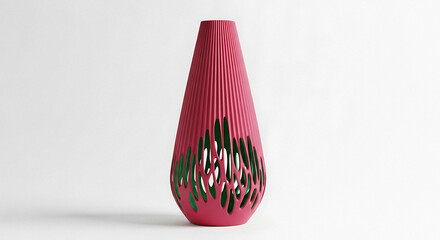 Stunning pleated vase with modern cutout design in vibrant pink and green hues adds elegant decorative flair to any interior space