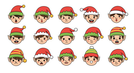 Collection of elf faces expressing different emotions like happiness, sadness, and surprise, ideal for holiday designs
