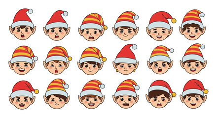 A charming collection of animated elf faces showcasing a wide range of festive emotions, ideal for holiday designs, seasonal projects, and character illustrations