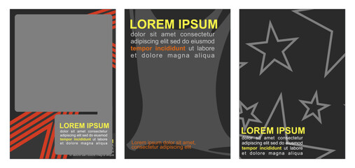 A set of three modern vector design templates, predominantly featuring a dark charcoal gray background. The first design integrates dynamic orange-red chevron stripes and a framed gray space. The seco