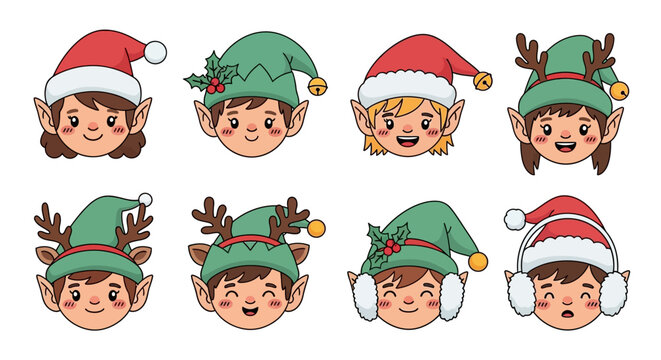 A delightful collection of cute Christmas elf faces, each radiating holiday cheer and festive charm, perfect for seasonal designs and joyful celebrations