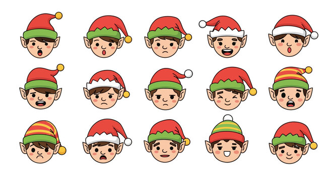 Collection of elf faces expressing different emotions like happiness, sadness, and surprise, ideal for holiday designs