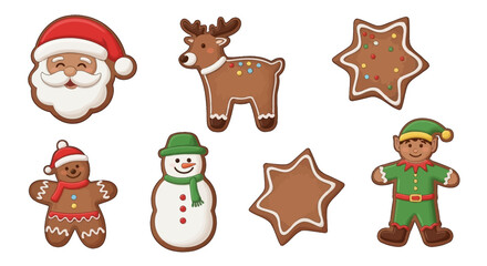 Sweet and whimsical gingerbread holiday cookie set, showcasing traditional Christmas figures like Santa Claus, a festive reindeer, a cheerful snowman, and an elf, perfect for seasonal designs