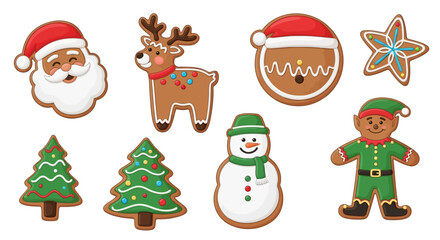 A delightful assortment of festive gingerbread cookies featuring classic holiday characters like Santa, reindeer, snowman, and elves, perfect for seasonal celebrations and sweet treats