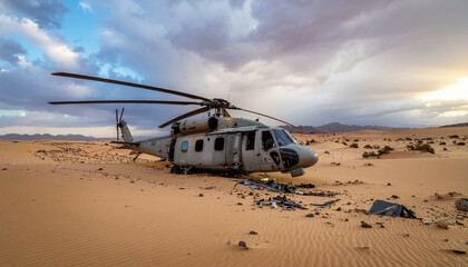 A large military helicopter sits abandoned in a desolate desert landscape under a cloudy sky.
