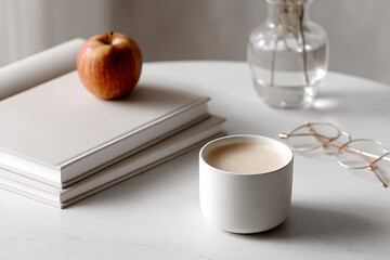 literary flat lay, flat lay of books and glasses for national authors day make a cozy table setting