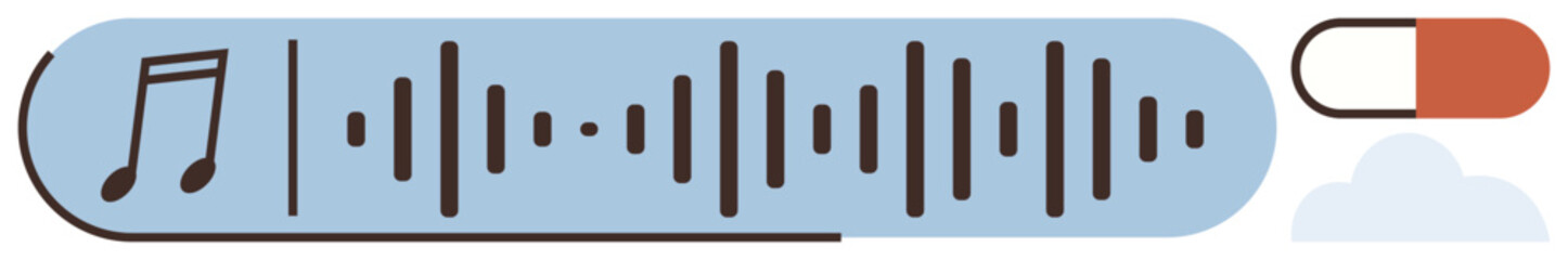 Music note alongside soundwave transitioning into a capsule, suggesting a blend of music and medicine. Ideal for therapy, wellness, audio healing, mental health, sound science, innovation, creative