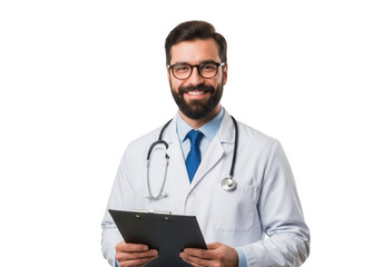 Smiling doctor holding clipboard isolated on transparent background
