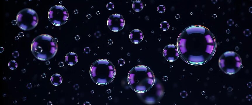 Rainbow iridescent soap bubbles floating on dark background,  science,  nature