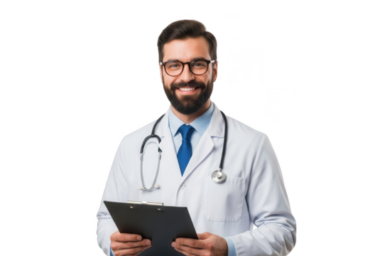 Smiling doctor holding clipboard isolated on transparent background