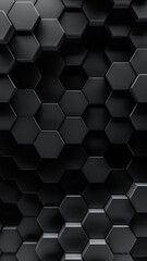 3d render of geometric tech pattern or dark abstract hexagon background. Smooth black honeycomb shapes for dark shadowy backgrounds.