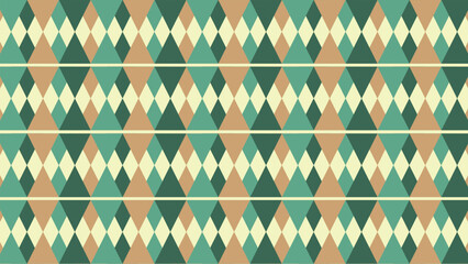 A bold, seamless geometric argyle pattern featuring interconnected diamond and triangle shapes in a retro color palette of teal, emerald green, beige, and peach. Creates a vibrant, rhythmic design ide