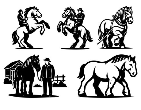Draft Horses Collection &ndash; Strong Working Horses and Farmers Silhouette Set, Black Vector Design 