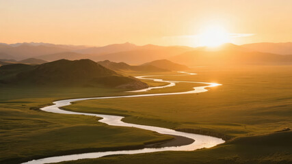 Start of Autumn solar term grassland river sunrise natural scenery travel background